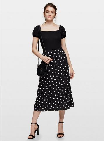 Womens Black Spot Lace Trim Midi Skirt, Black