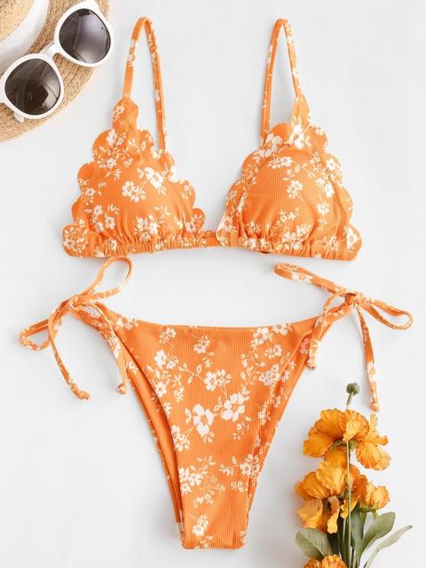 Zaful Bikini Acanalado De Cadena Con Estampado De Flor Orange