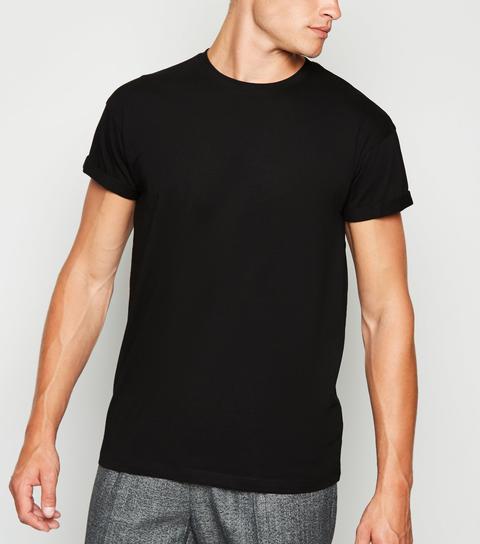 Men's Black Roll Sleeve T-shirt New Look