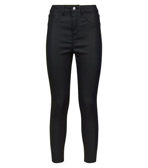 Petite Black Leather-look High Waist Hallie Jeans New Look