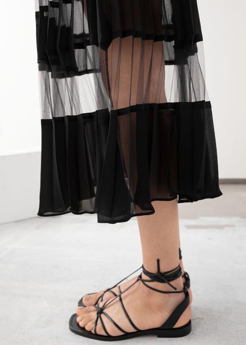 Pleated Mesh Stripe Midi Skirt