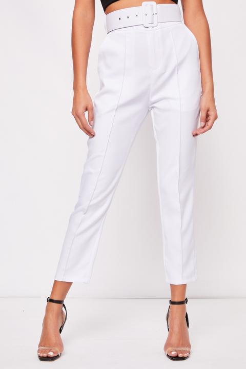 Elma White Belted Pleated Trouser