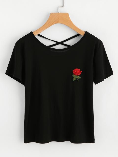 Rosa Ricamata Patch Criss Cross Back Tee