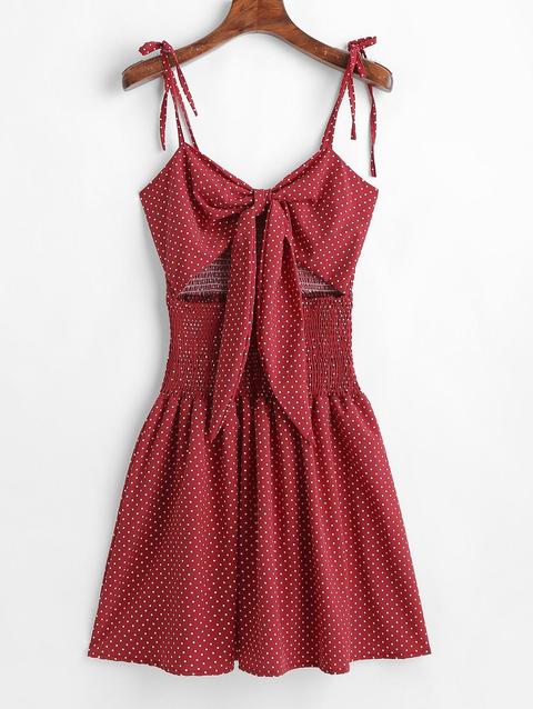 Abito Dots Anteriore Con Smocked Cravatta Zaful Red Wine