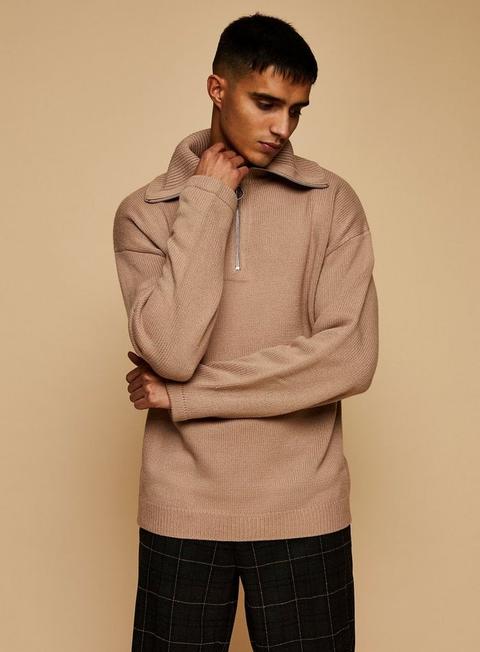 Stone High Zip Neck Knitted Jumper