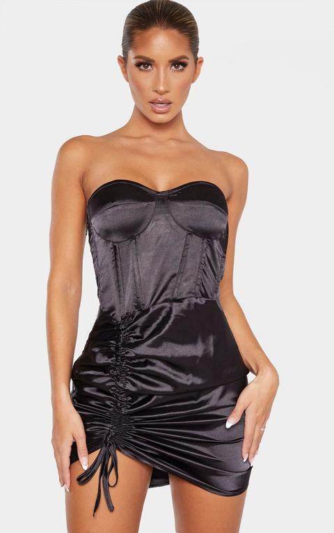 Black Satin Ruched Side Bandeau Bodycon Dress