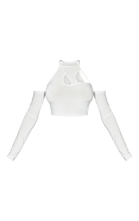 White Slinky Asymmetric Cut Out Detail Long Sleeve Crop Top