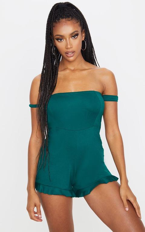 Emerald Green Basic Bardot Frill Hem Playsuit