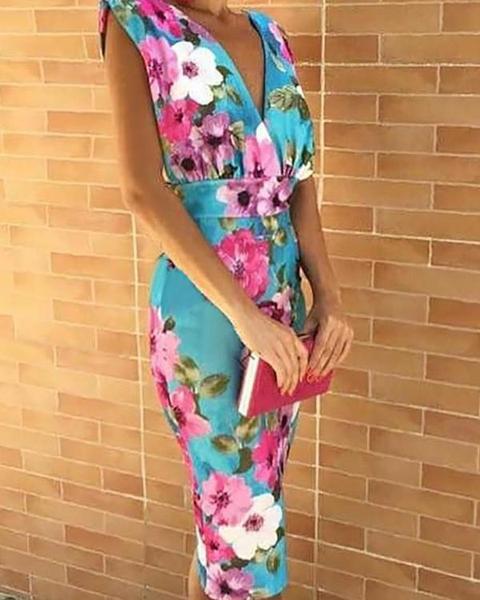 Floral Print V Neck Wrap Midi Dress