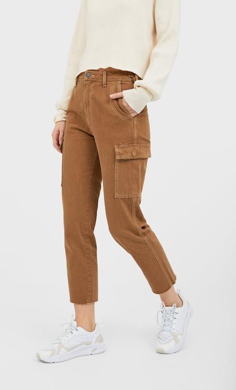 Stradivarius Pantaloni Modello Militare Con Fibbia Femminile Cammello Chiaro 40