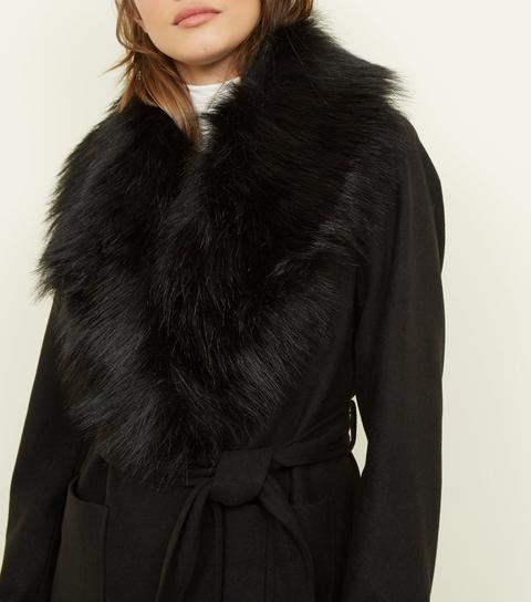 Black Detachable Faux Fur Trim Coat New Look