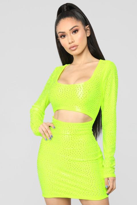 Affectionate Love Rhinestone Mini Dress - Neon Lime