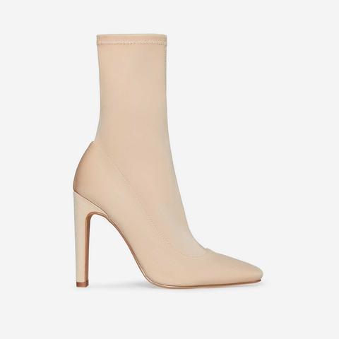 Cassia Square Heel Sock Boot In Nude Lycra, Nude