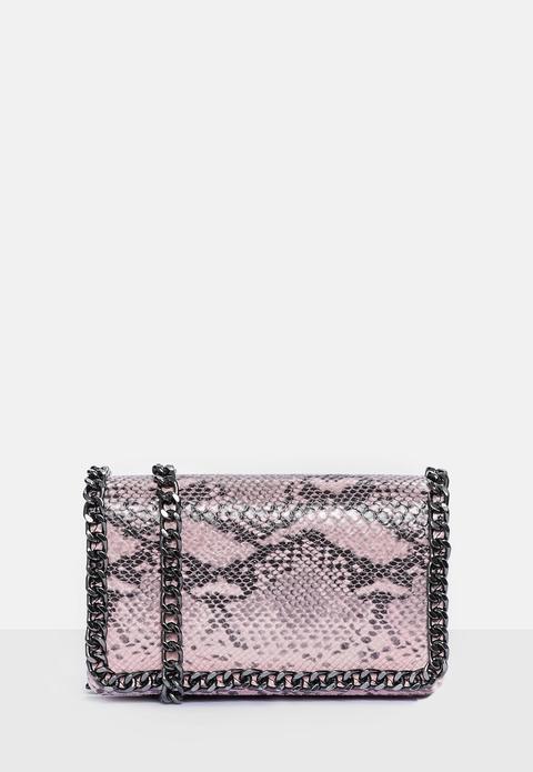 Pink Snake Print Croc Chain Trim Cross Body Bag, Pink