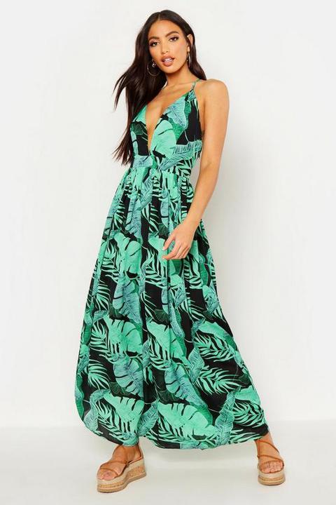Robe Maxi Décolleté Plongeant Imprimée Palmiers - Noir - 36, Noir