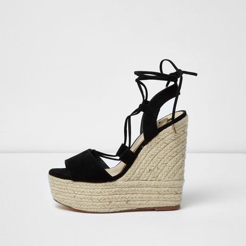 Black Tie Up Espadrille Platform Wedges