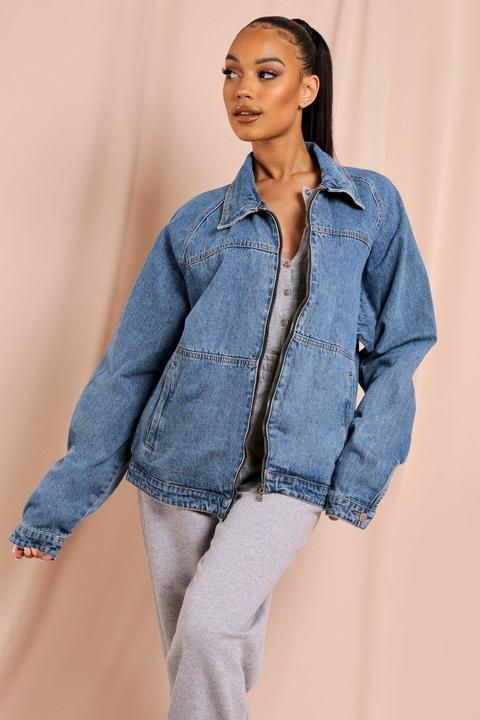 Womens Oversized Boyfriend Denim Trucker Jacket Mid Wash