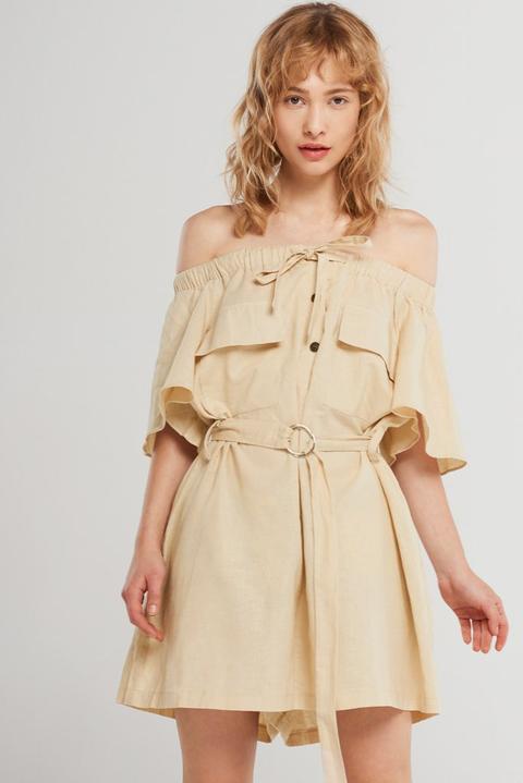 Oak Pocket Off Shoulder Romper-beige