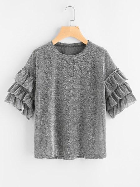 T-shirt Con Spalle Scivolate E Maniche A Volant
