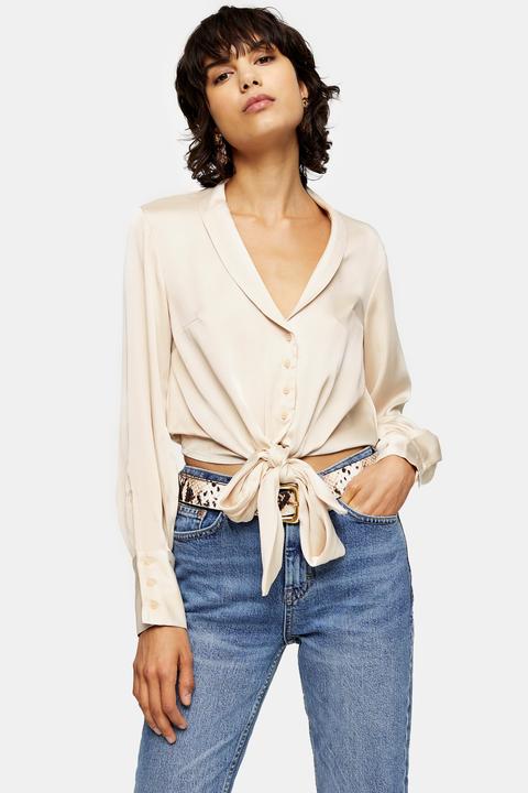 Womens Cream Satin Knot Front Shirt - Cream, Cream