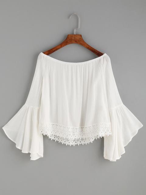 White Lace Trim Bell Sleeve Off The Shoulder Top