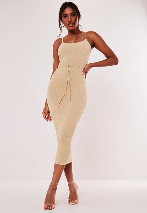 Stone Tie Belt Strappy Ribbed Midaxi Dress, Stone