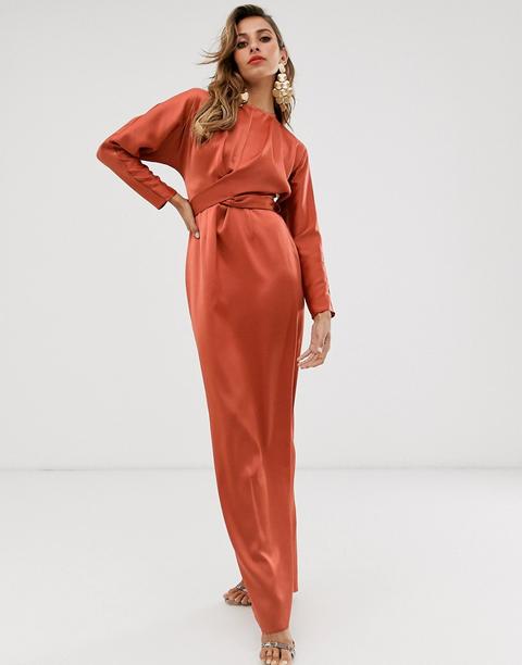 Vestido Largo De Satén Con Manga Murciélago Y Cintura Cruzada De Asos Design-naranja