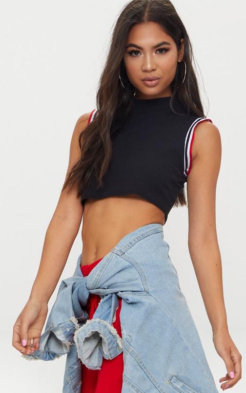 Black Rib Sport Trim Sleeveless Crop Top