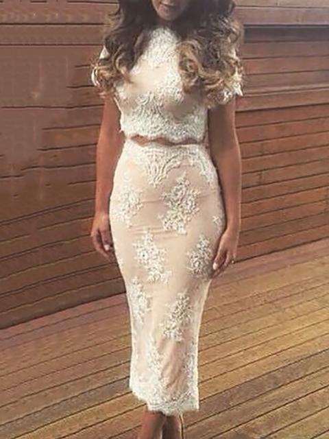 Lace Embroidery Slit Back High Waist Two Pieces Dress