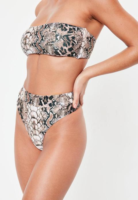 Brown Snake Print Highwaisted Thong Bikini Bottoms - Mix And Match, Brown