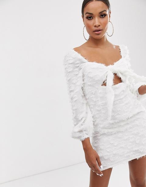 Minivestido Texturizado Con Escote Cuadrado Con Lazada Y Mangas Globo En Blanco De Lasula