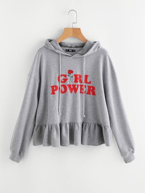 Frill Trim Girl Power Heather Knit Hoodie