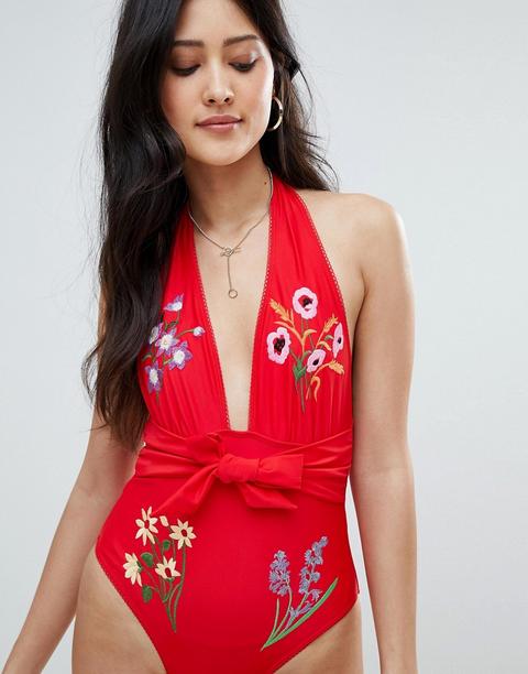 Asos Design - Costume Da Bagno In Tessuto Riciclato Rosso Con Fiori Ricamati E Allacciatura Sul Davanti - Rosso