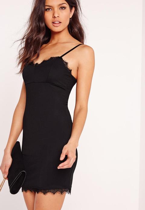 Lace Trim Strappy Bodycon Dress Black