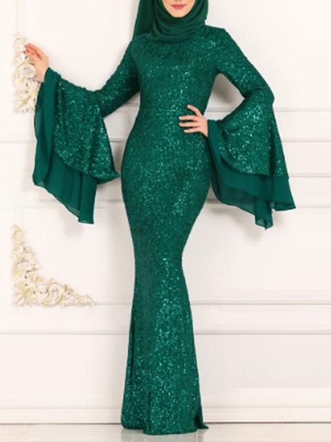 Maxi Dress Sirena Aderente Con Paillettes E Maniche A Campana Scintillanti Festa Di Ballo Di Fine Anno Verde