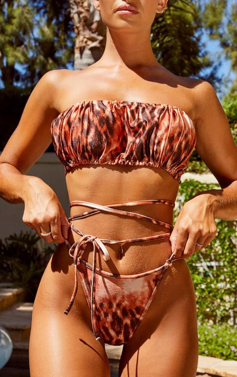 Rust Leopard Tie Wrap Strappy Bikini Bottoms