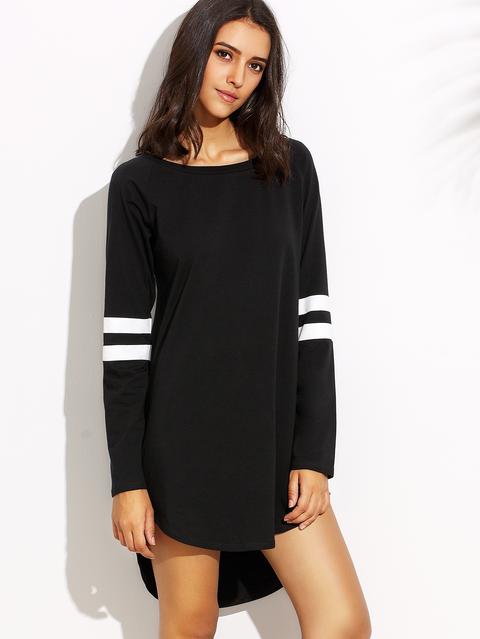 Black With White Stripe Long Sleeve High Low Dress