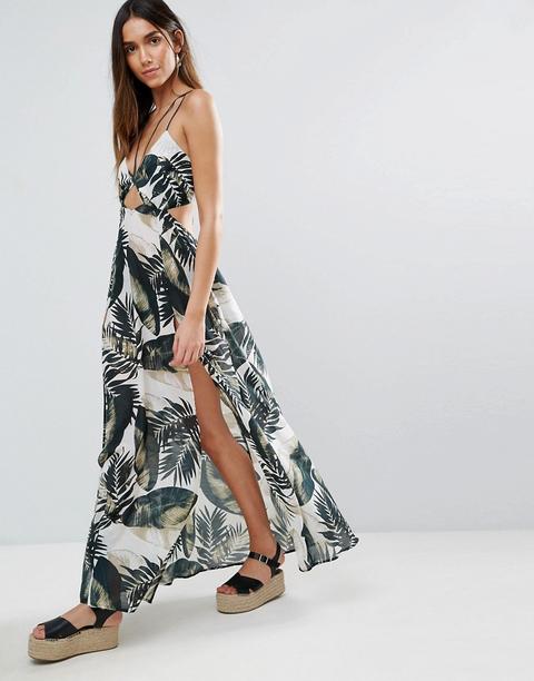 Vestido Largo De Playa Con Detalle De Tira Y Estampado Monocromático De Palmeras De Asos Design