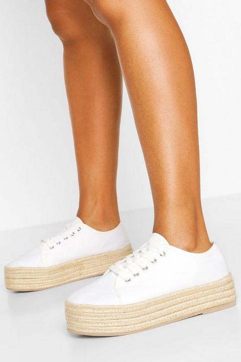 Raffia Platform Canvas Trainers - Blanc - 36, Blanc