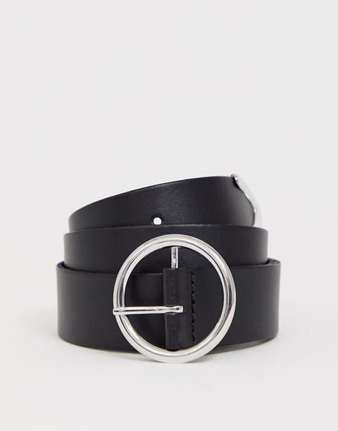 Asos Design Leather Circle Buckle Jeans Belt With Tipped End-black