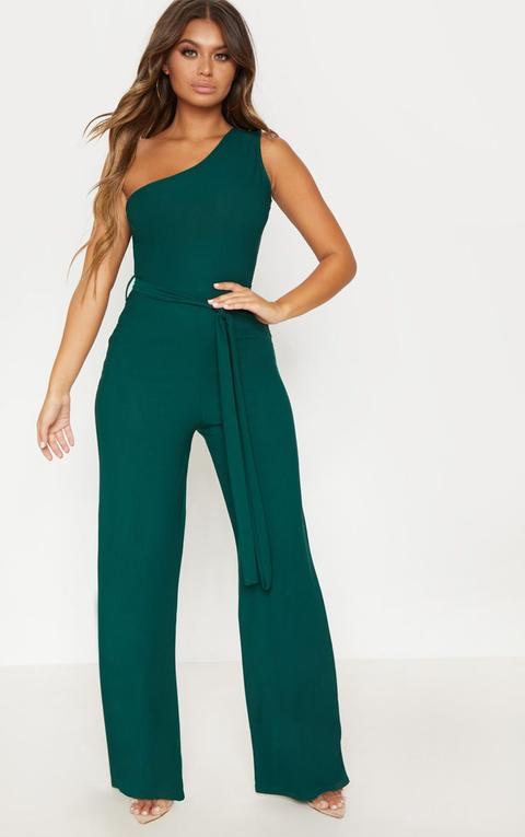 Emerald Green One Shoulder Tie Waist Jumpsuit from PrettyLittleThing on ...