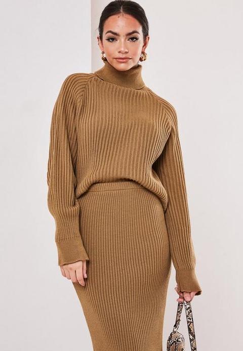 Tall Camel Co Ord Roll Neck Crop Jumper, Camel