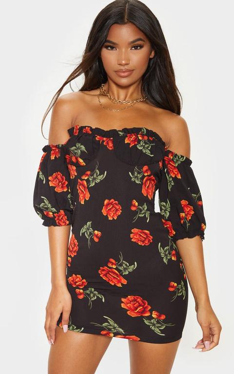 Black Floral Rose Print Ruched Cup Shift Dress, Black