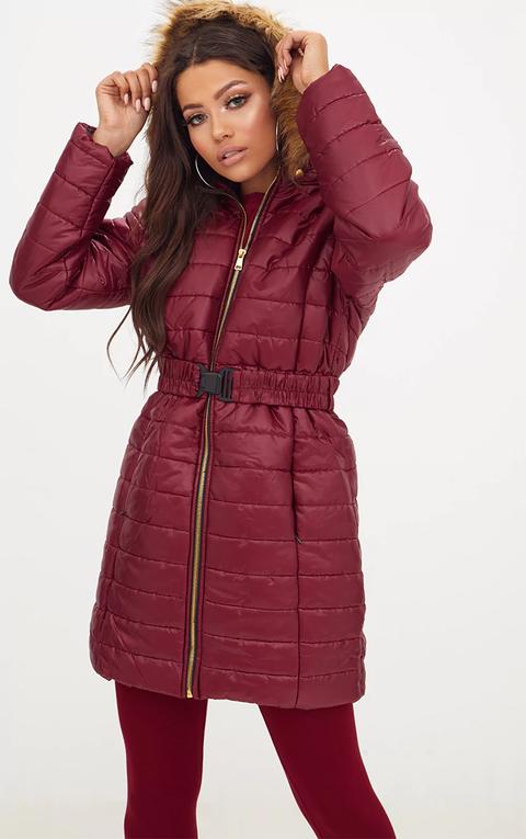 Wine Longline Belted Faux Fur Hooded Puffer Jacket, Red