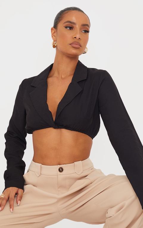 Black Woven Twist Front Long Sleeve Crop Shirt