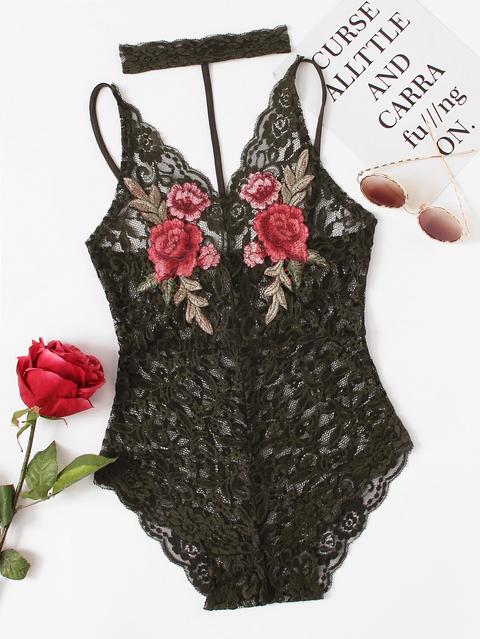 Body In Pizzo Con Applique Di Rosa Con Collarino