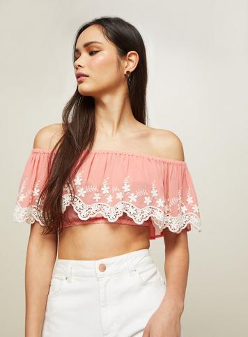 Womens Coral Lace Trim Embroidered Bardot Crop Top, Coral