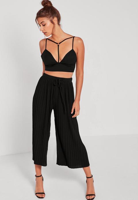 Black Pleated Culottes With Skinny Tie Belt, Black