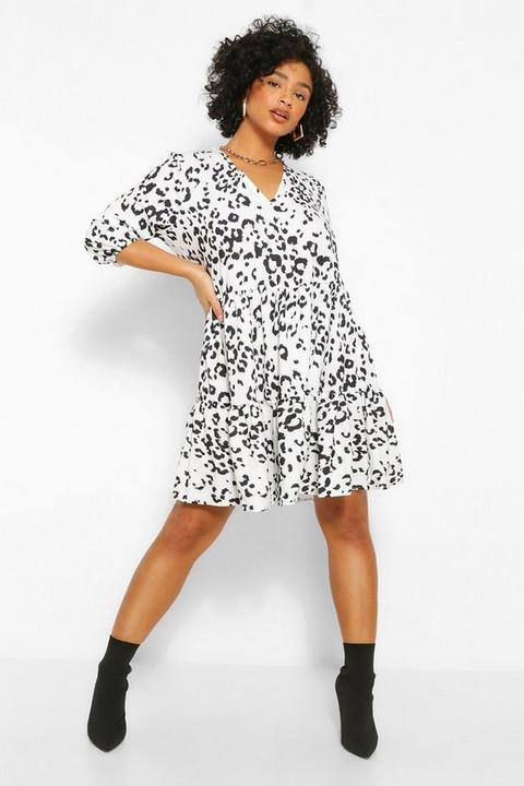 Womens Plus Leopard Ruffle Smock Dress - White - 16, White