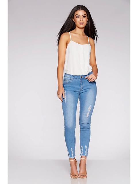 Light Blue Stretch Denim Frayed Jeans